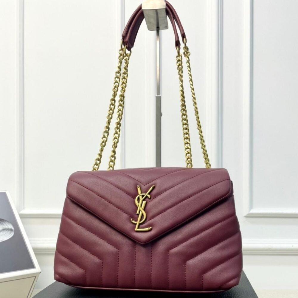 Saint Laurent Loulou Medium Chain Bag In Matelassé Y Leather Burgundy Gold 26Cm