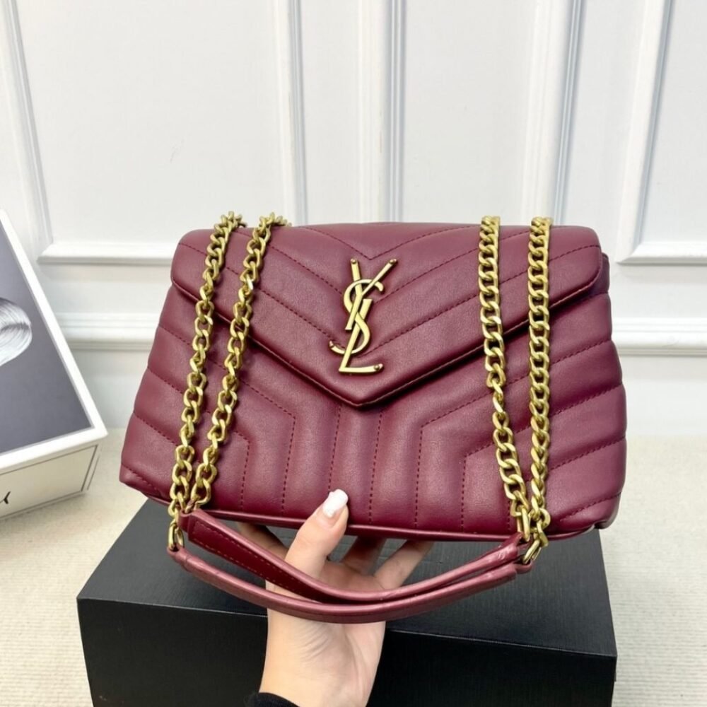 Saint Laurent Loulou Medium Chain Bag In Matelassé Y Leather Burgundy Gold 26Cm