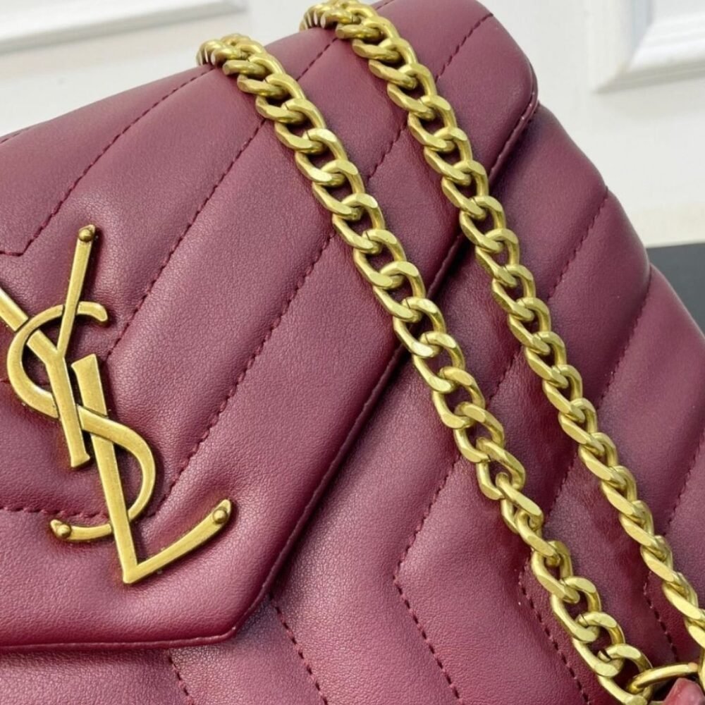 Saint Laurent Loulou Medium Chain Bag In Matelassé Y Leather Burgundy Gold 26Cm