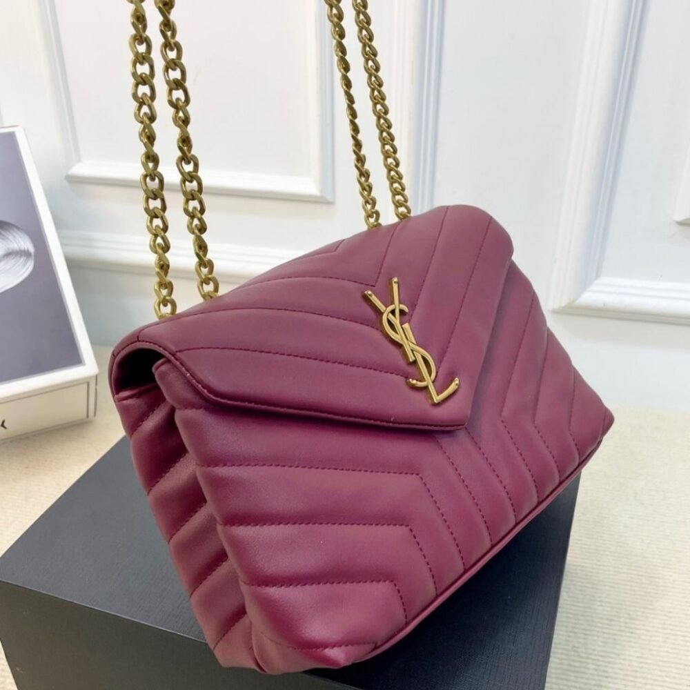 Saint Laurent Loulou Medium Chain Bag In Matelassé Y Leather Burgundy Gold 26Cm