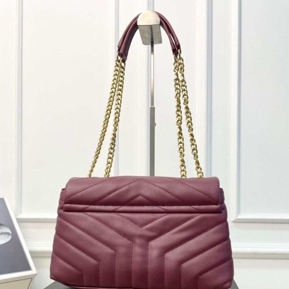 Saint Laurent Loulou Medium Chain Bag In Matelassé Y Leather Burgundy Gold 26Cm