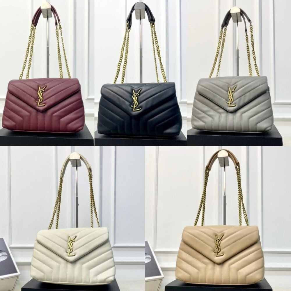 Saint Laurent Loulou Medium Chain Bag In Matelassé Y Leather Burgundy Gold 26Cm