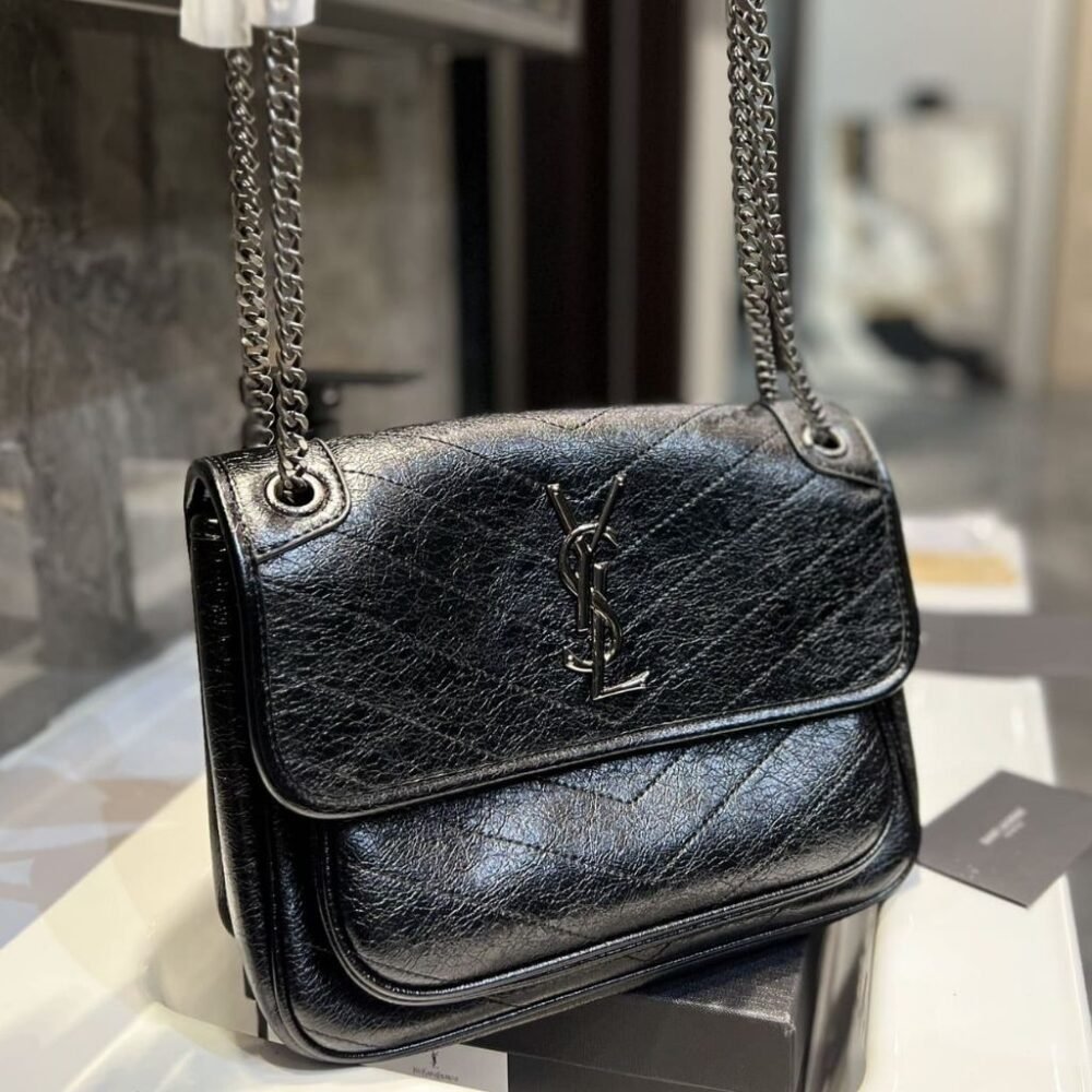 Saint Laurent Niki Medium In Vintage Leather Black With Silver Hardware 28Cm