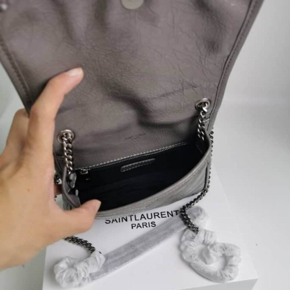 Saint Laurent Niki Mini Vintage Leather Chain Wallet Gray 19Cm