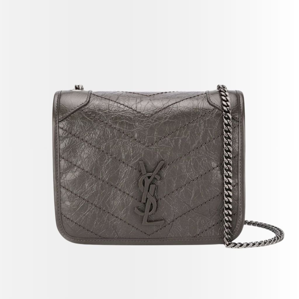 Saint Laurent Niki Mini Vintage Leather Chain Wallet Gray 19Cm