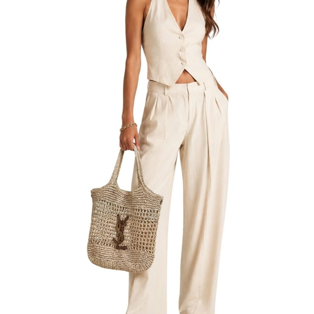 Saint Laurent Raffia Icare Tote Bag Naturel And Brown Gold 45Cm 772191GAAEK2063