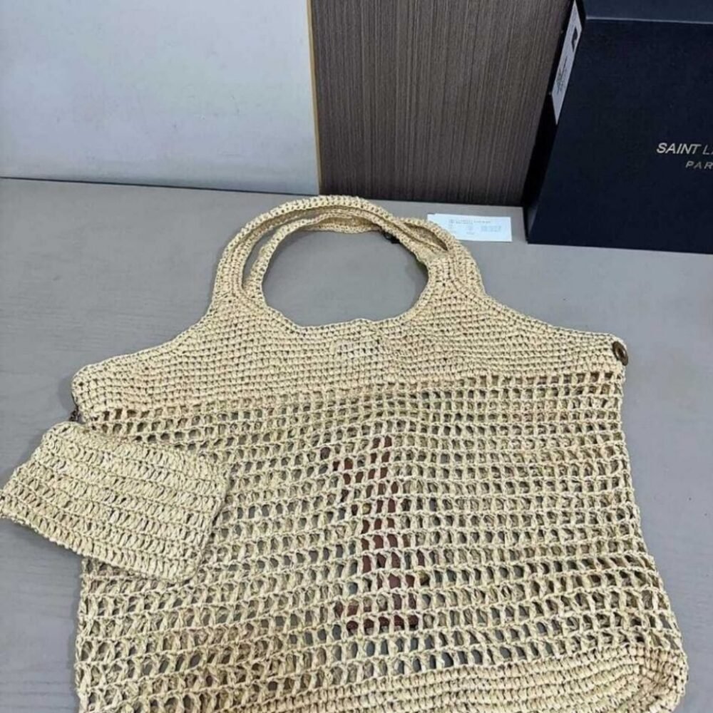 Saint Laurent Raffia Icare Tote Bag Naturel And Brown Gold 45Cm 772191GAAEK2063