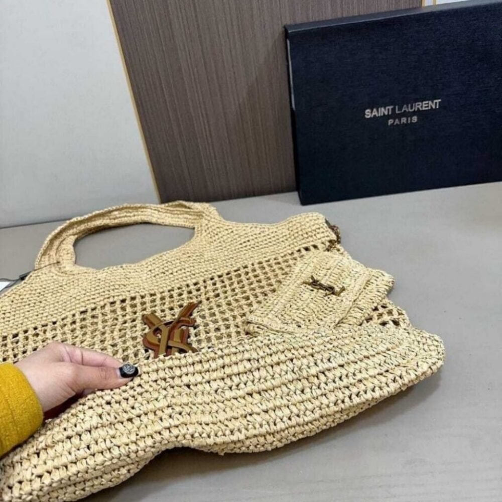 Saint Laurent Raffia Icare Tote Bag Naturel And Brown Gold 45Cm 772191GAAEK2063