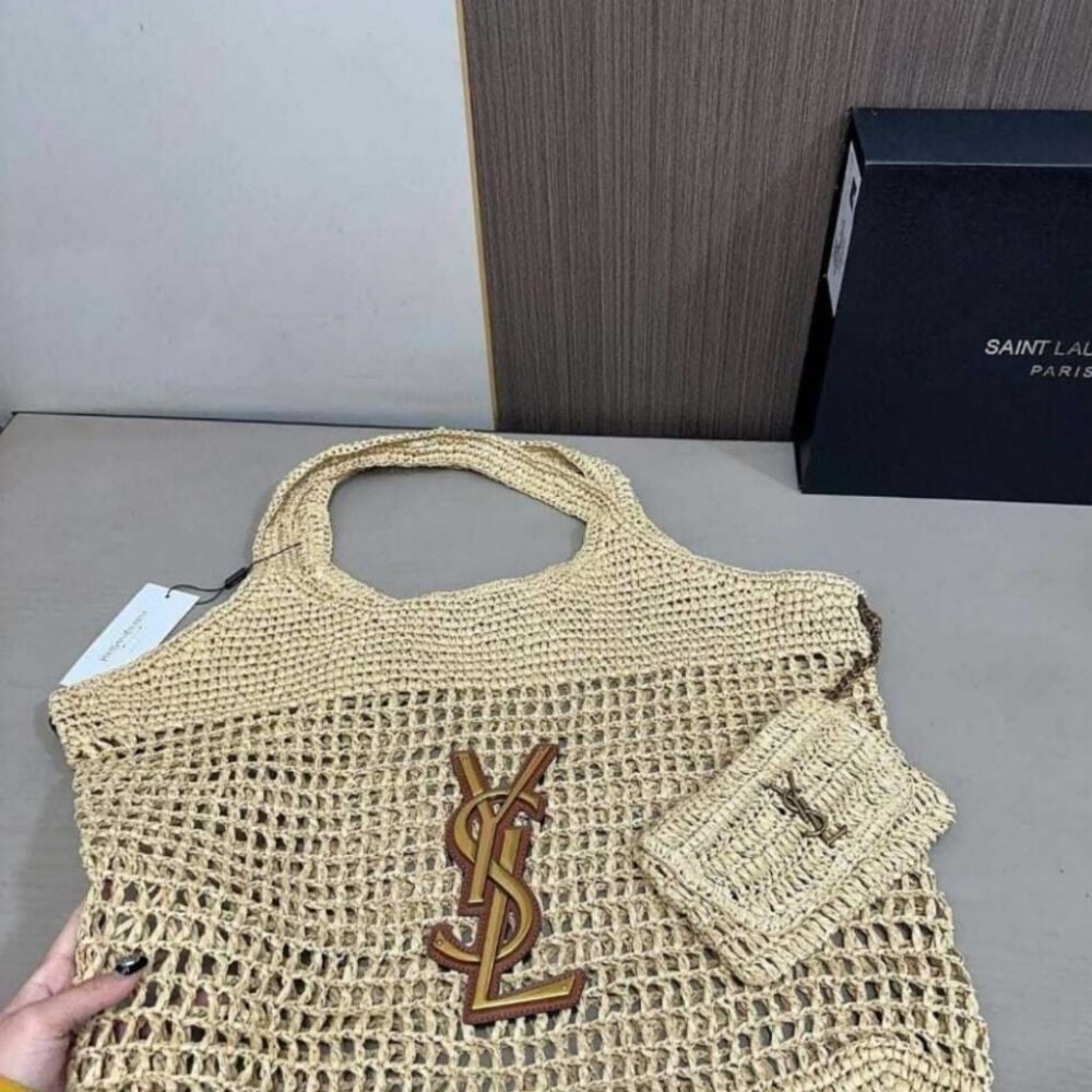Saint Laurent Raffia Icare Tote Bag Naturel And Brown Gold 45Cm 772191GAAEK2063