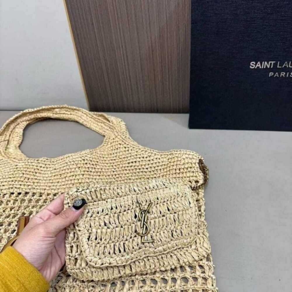 Saint Laurent Raffia Icare Tote Bag Naturel And Brown Gold 45Cm 772191GAAEK2063