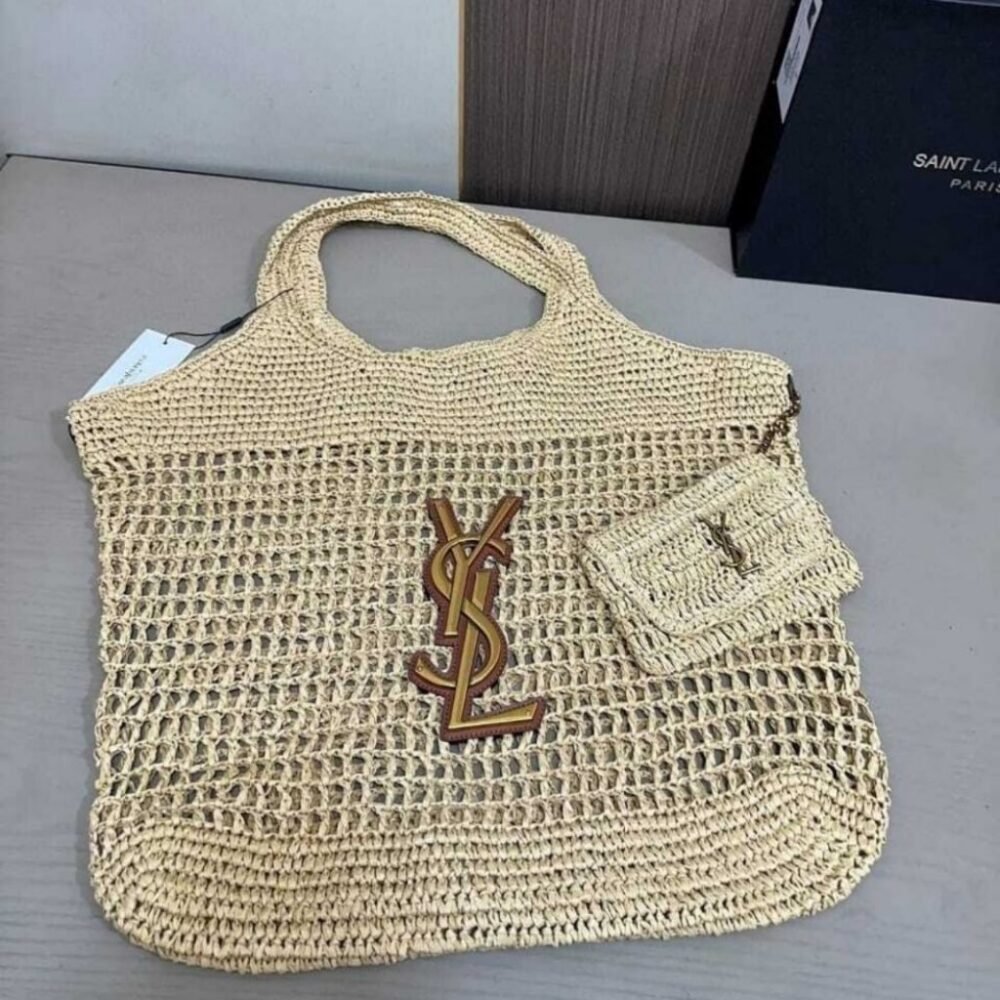 Saint Laurent Raffia Icare Tote Bag Naturel And Brown Gold 45Cm 772191GAAEK2063