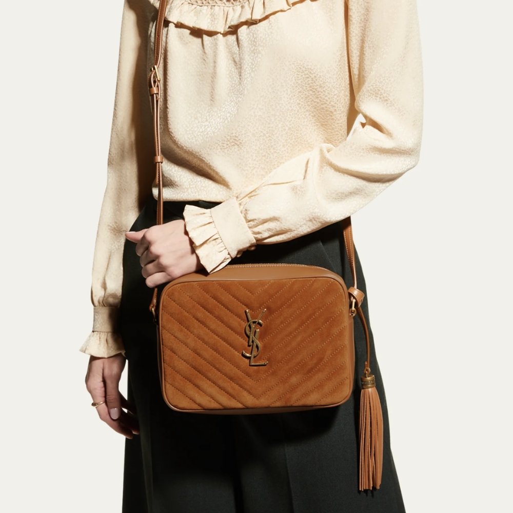 Saint Laurent Suede Matelasse Monogram Lou Camera Bag Brown 23cm