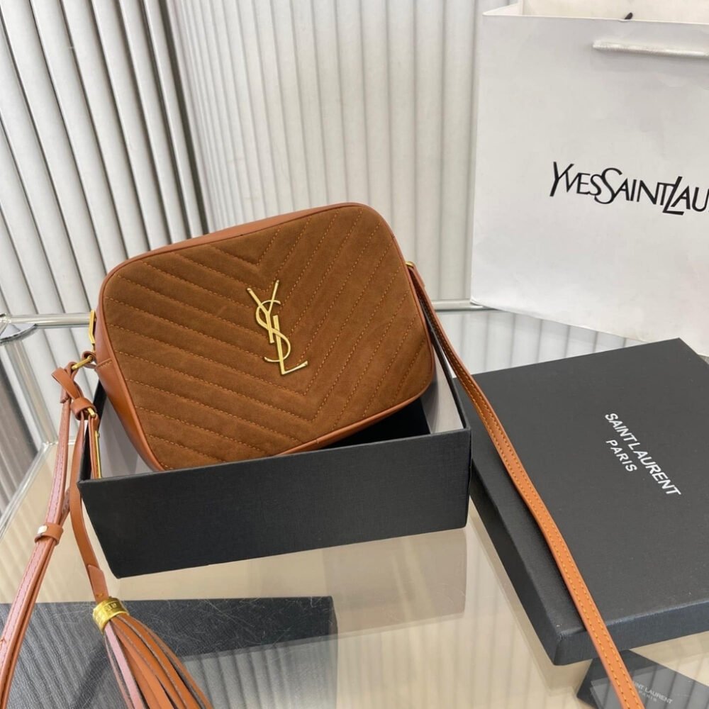 Saint Laurent Suede Matelasse Monogram Lou Camera Bag Brown 23cm