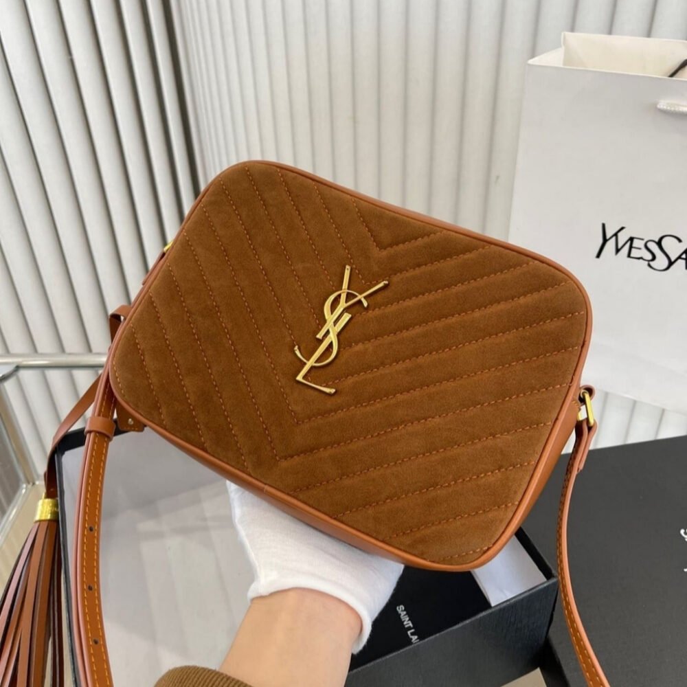 Saint Laurent Suede Matelasse Monogram Lou Camera Bag Brown 23cm