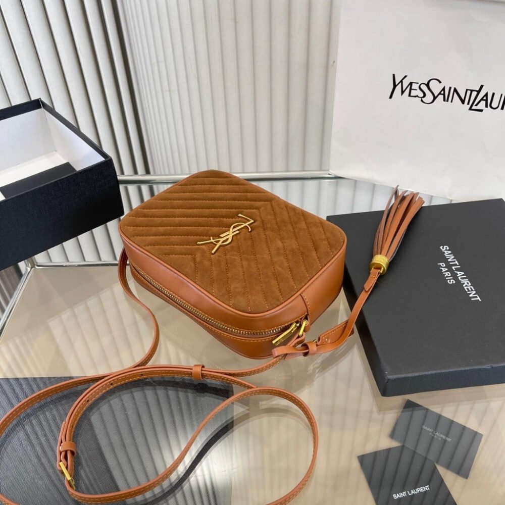 Saint Laurent Suede Matelasse Monogram Lou Camera Bag Brown 23cm