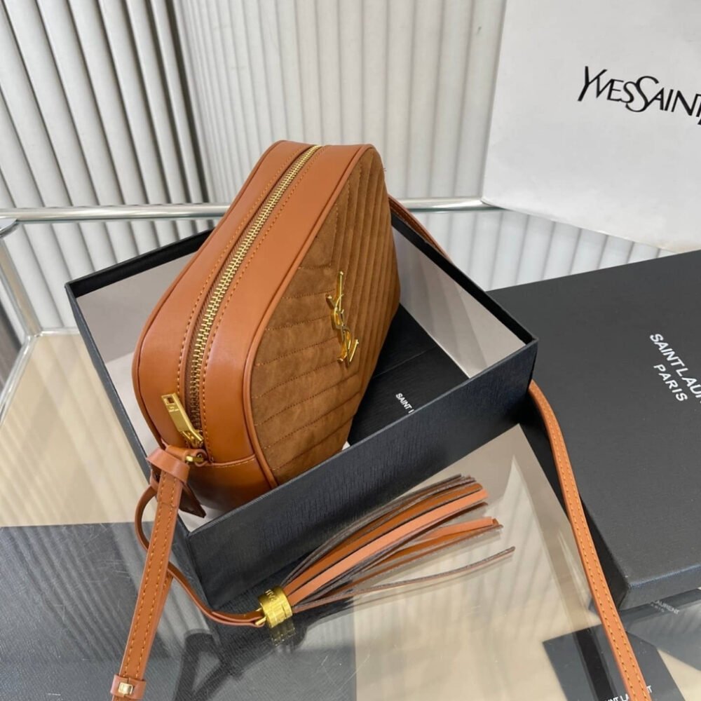 Saint Laurent Suede Matelasse Monogram Lou Camera Bag Brown 23cm