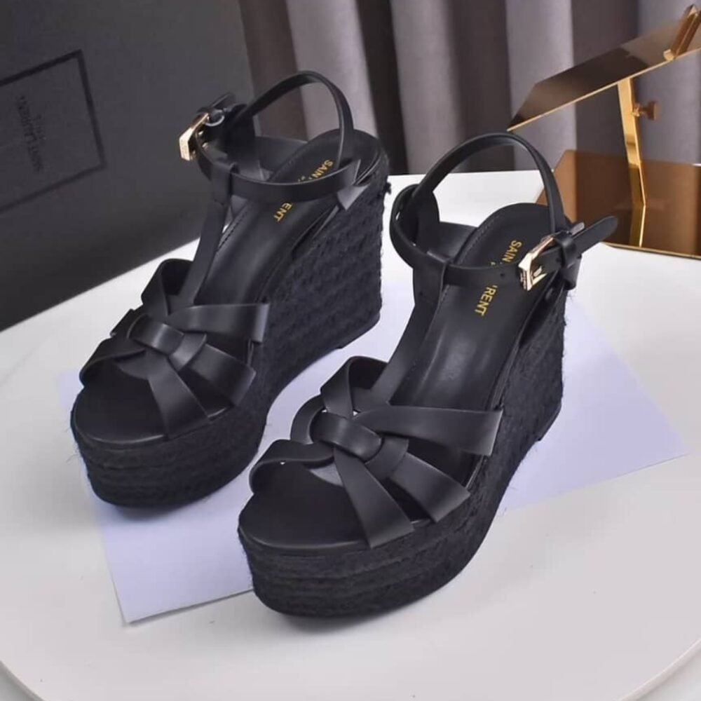 Saint Laurent Tribute Espadrilles Wedge Smooth Leather Black 611924BDA001000