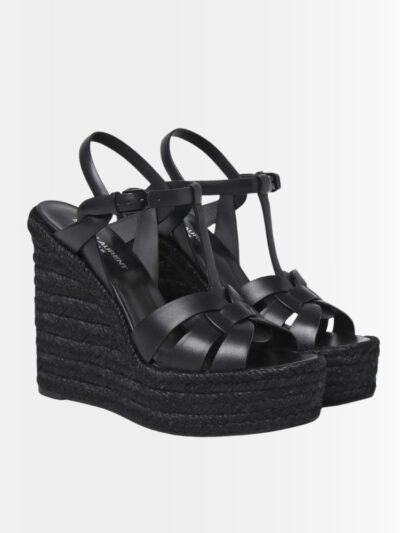 Saint Laurent Tribute Espadrilles Wedge Smooth Leather Black 611924BDA001000
