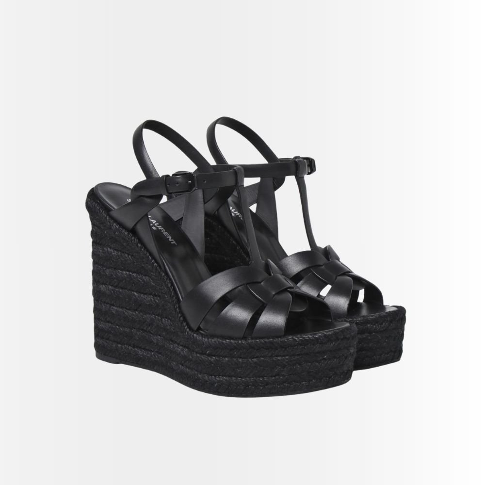 Saint Laurent Tribute Espadrilles Wedge Smooth Leather Black 611924BDA001000