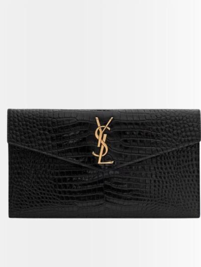 Saint Laurent Uptown Pouch In Crocodile Embossed Shiny Leather Gold Black 27Cm 565739DND0J1000