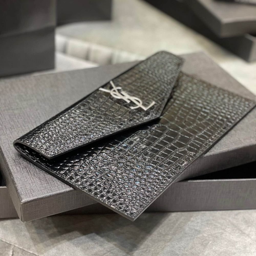 Saint Laurent Uptown Pouch In Crocodile Embossed Shiny Leather Silver Black 27Cm 565739DND0N1000