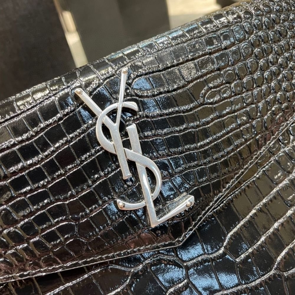 Saint Laurent Uptown Pouch In Crocodile Embossed Shiny Leather Silver Black 27Cm 565739DND0N1000