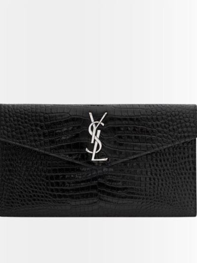 Saint Laurent Uptown Pouch In Crocodile Embossed Shiny Leather Silver Black 27Cm 565739DND0N1000