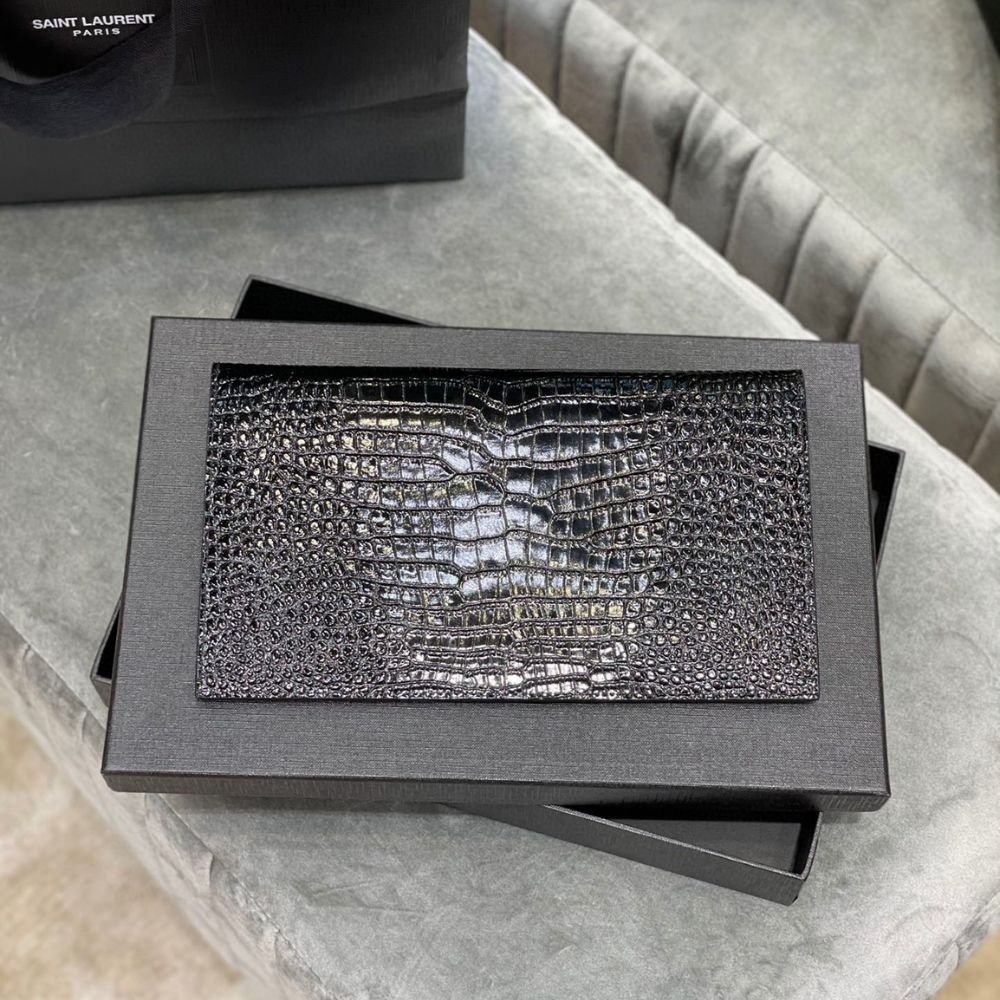 Saint Laurent Uptown Pouch In Crocodile Embossed Shiny Leather Silver Black 27Cm 565739DND0N1000