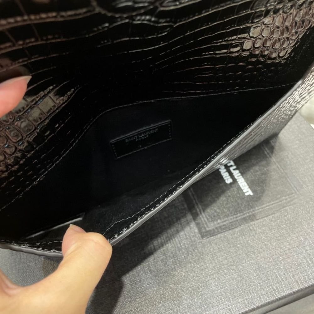 Saint Laurent Uptown Pouch In Crocodile Embossed Shiny Leather Silver Black 27Cm 565739DND0N1000