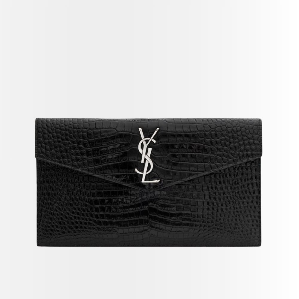 Saint Laurent Uptown Pouch In Crocodile Embossed Shiny Leather Silver Black 27Cm 565739DND0N1000