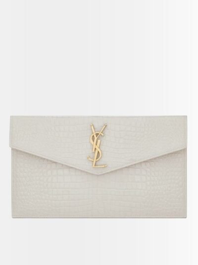 Saint Laurent Uptown Pouch In Crocodile Embossed Shiny Leather White 27Cm 565739DND0J9207