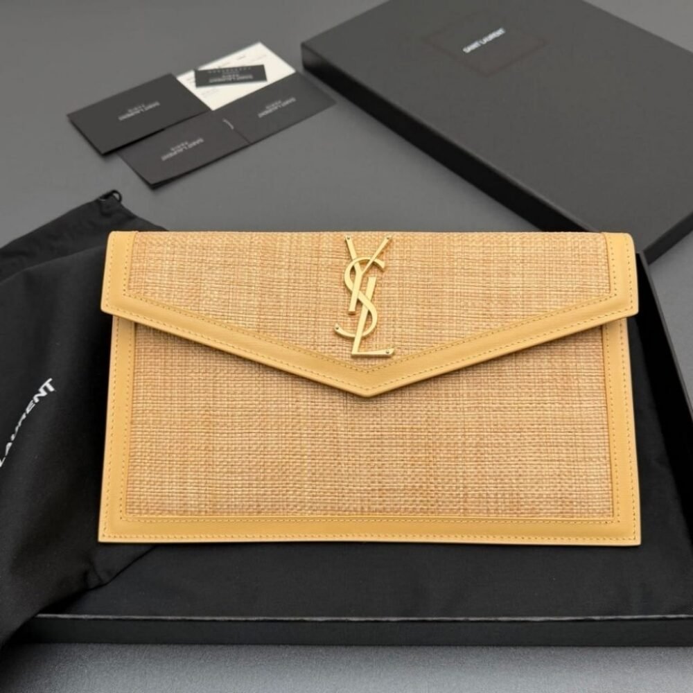 Saint Laurent Uptown Pouch In Micro Raffia Natural Beige 5657392UF2W9985