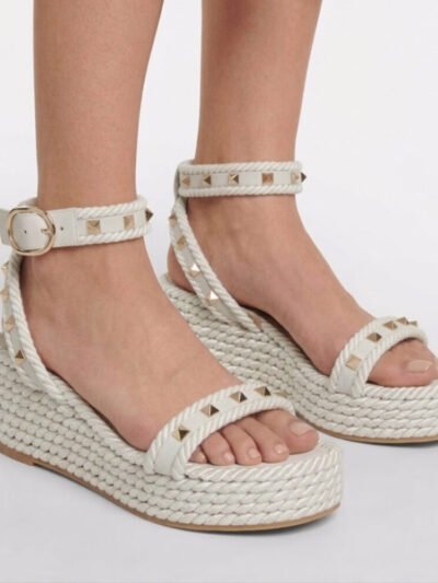 Valentino Garavani Rockstud Espadrille Wedge Sandals Ivory