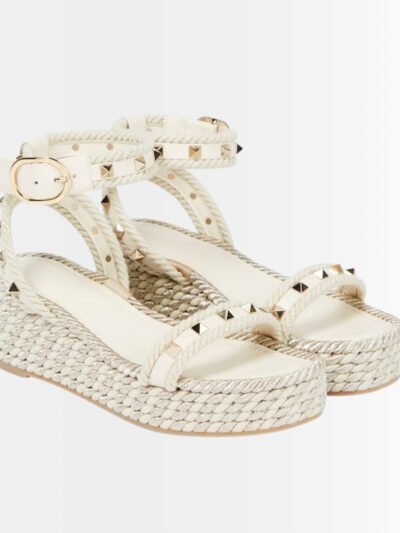 Valentino Garavani Rockstud Espadrille Wedge Sandals Ivory