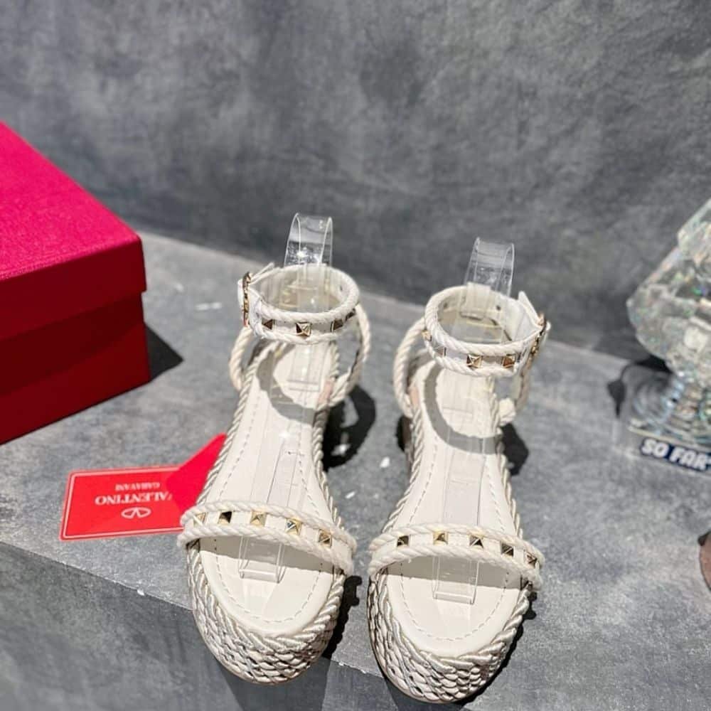 Valentino Garavani Rockstud Espadrille Wedge Sandals Ivory