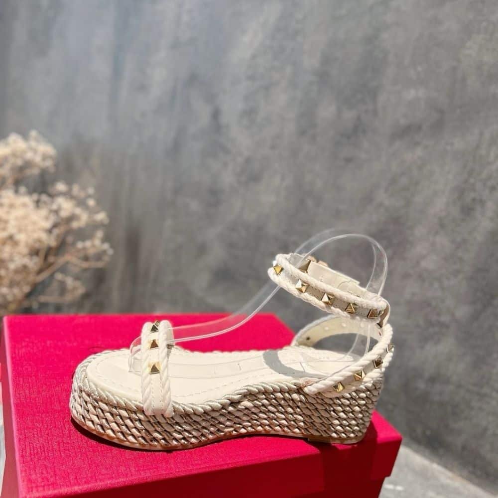 Valentino Garavani Rockstud Espadrille Wedge Sandals Ivory