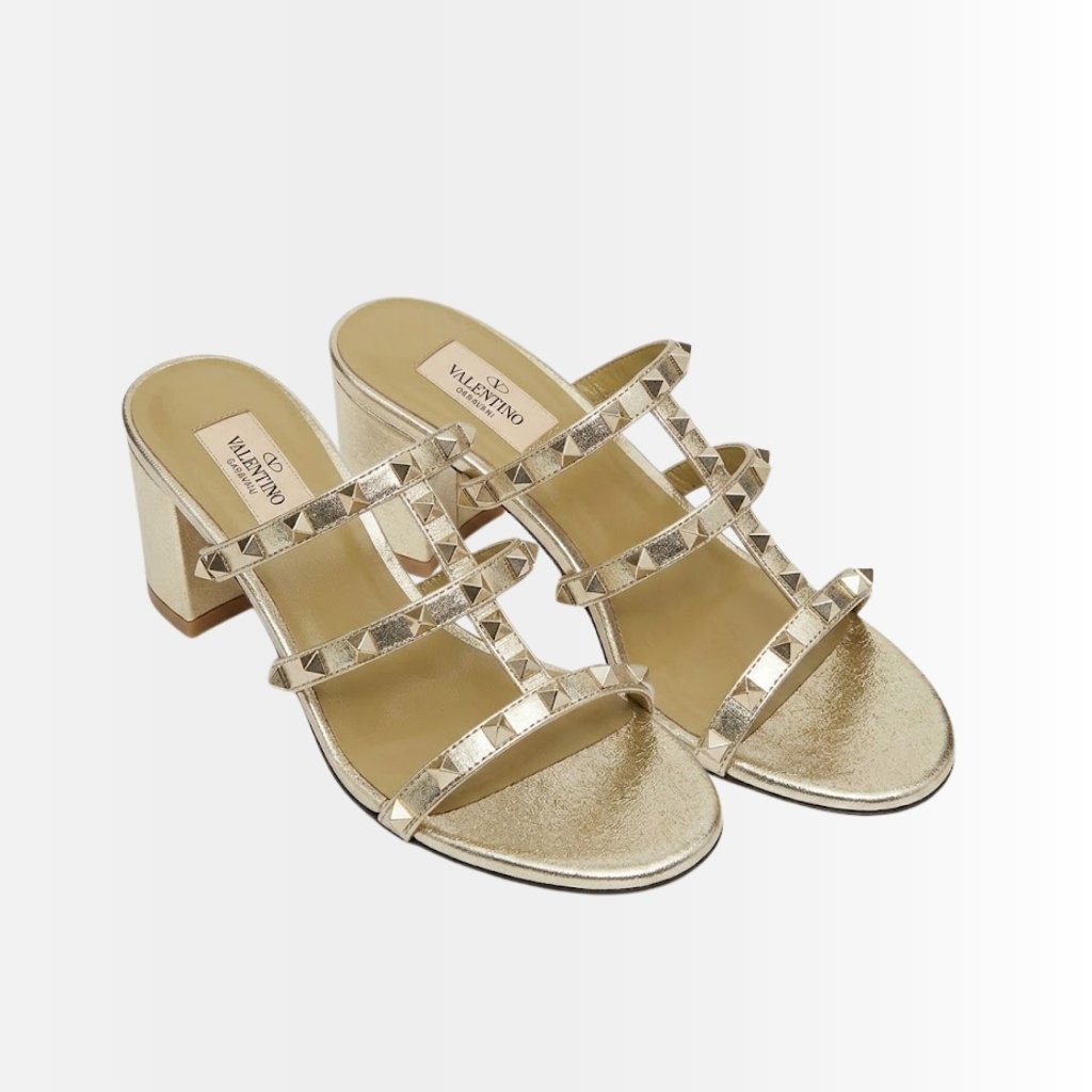 Valentino Garavani Rockstud Slide Sandal In Laminated Nappa Gold 60mm 6W2S0C47QKH I8M