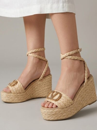 Valentino Garavani Vlogo Raffia Platform Wedge Sandals Natural