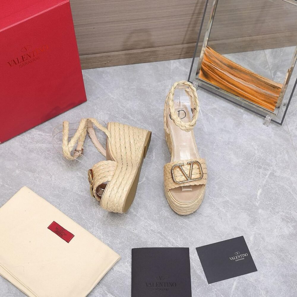 Valentino Garavani Vlogo Raffia Platform Wedge Sandals Natural