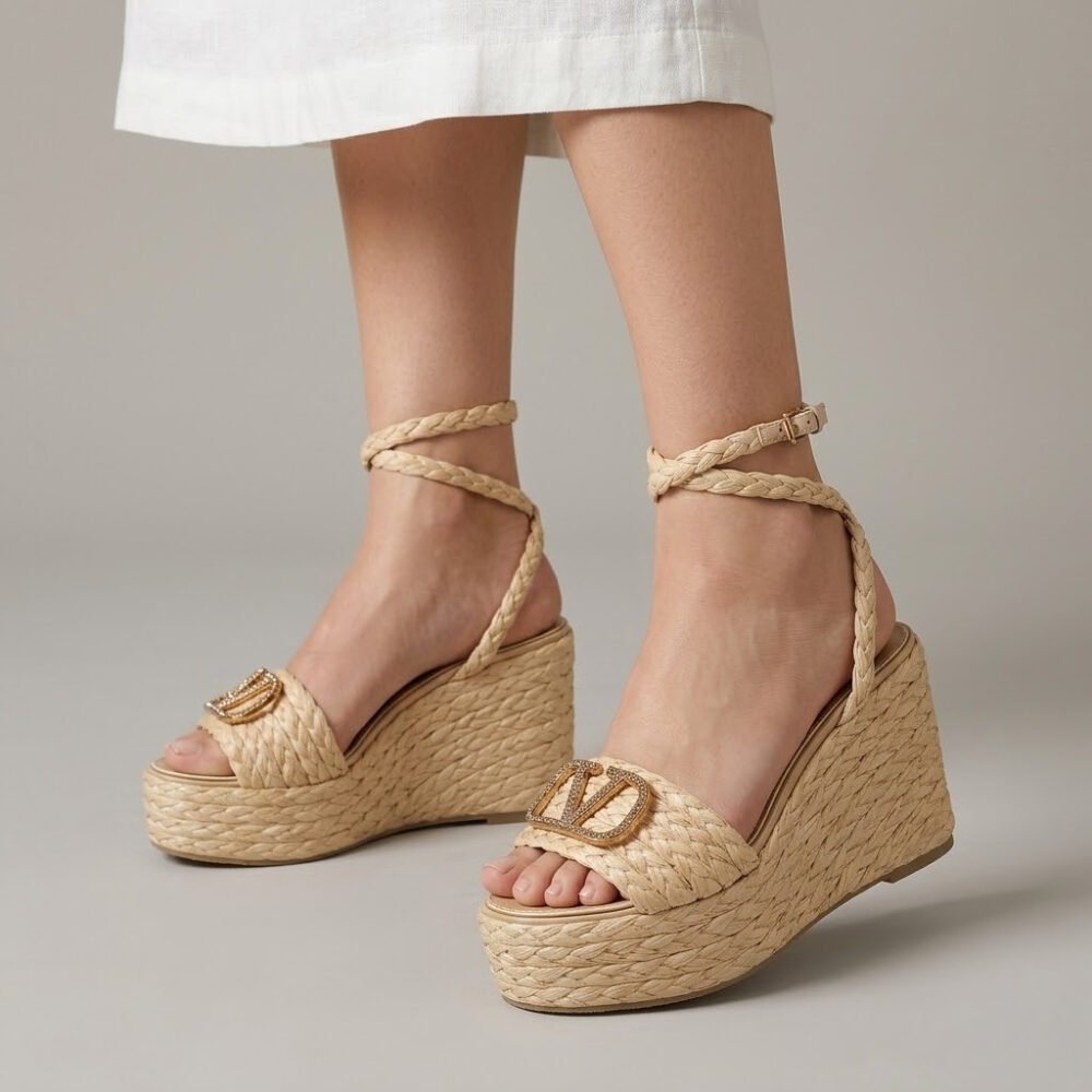 Valentino Garavani Vlogo Raffia Platform Wedge Sandals Natural