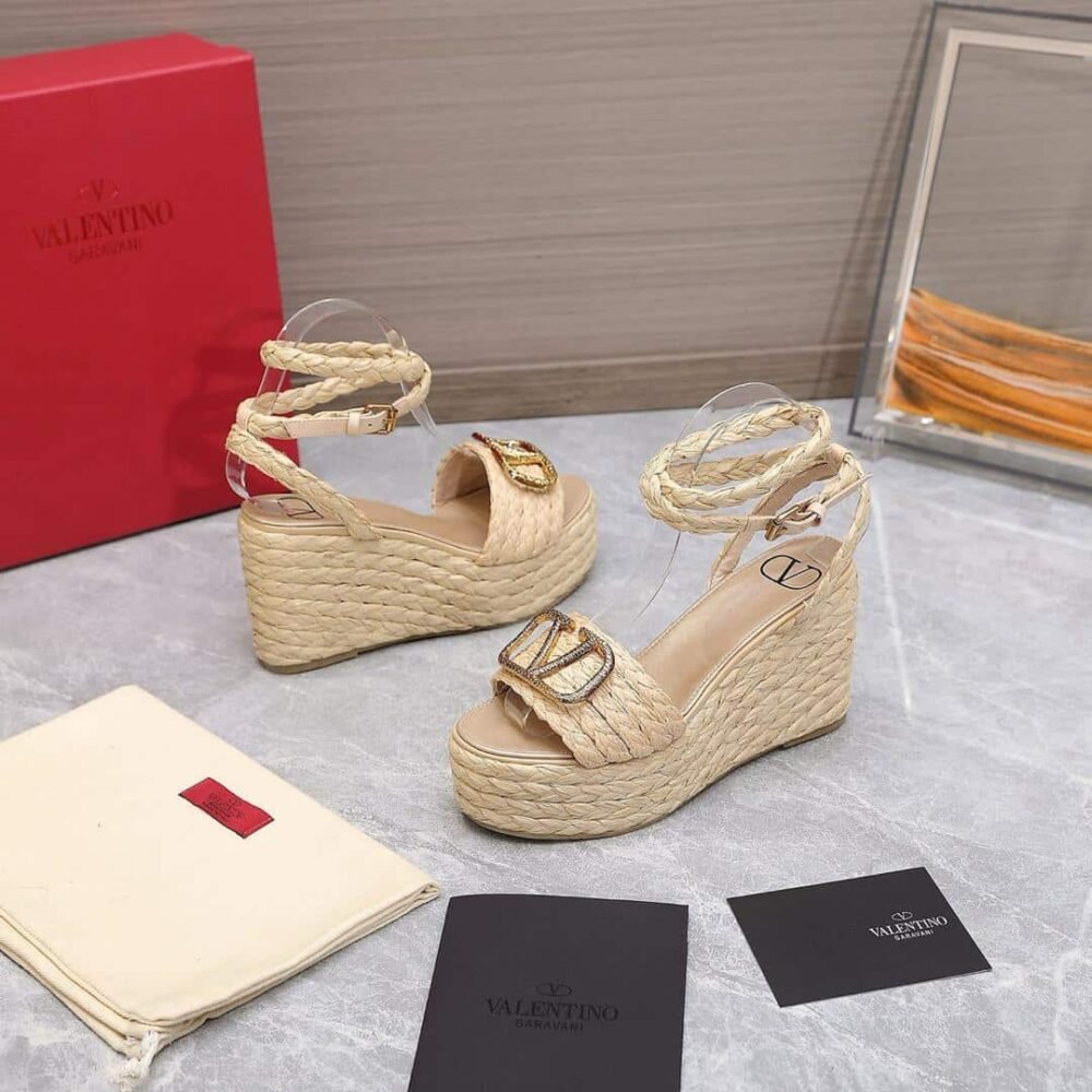 Valentino Garavani Vlogo Raffia Platform Wedge Sandals Natural