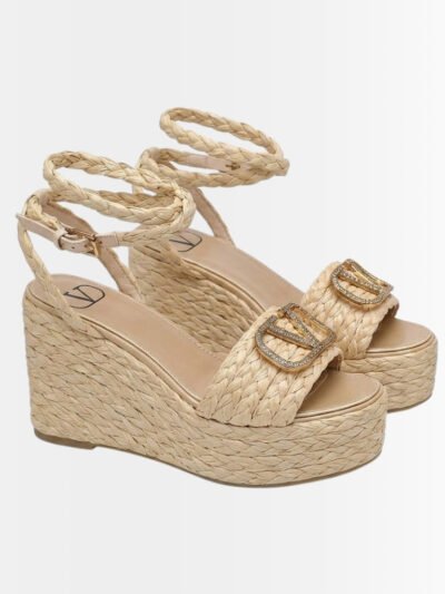 Valentino Garavani Vlogo Raffia Platform Wedge Sandals Natural