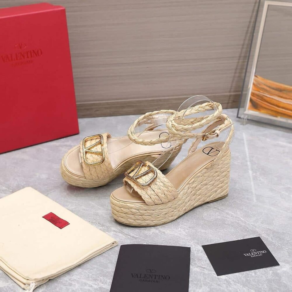 Valentino Garavani Vlogo Raffia Platform Wedge Sandals Natural