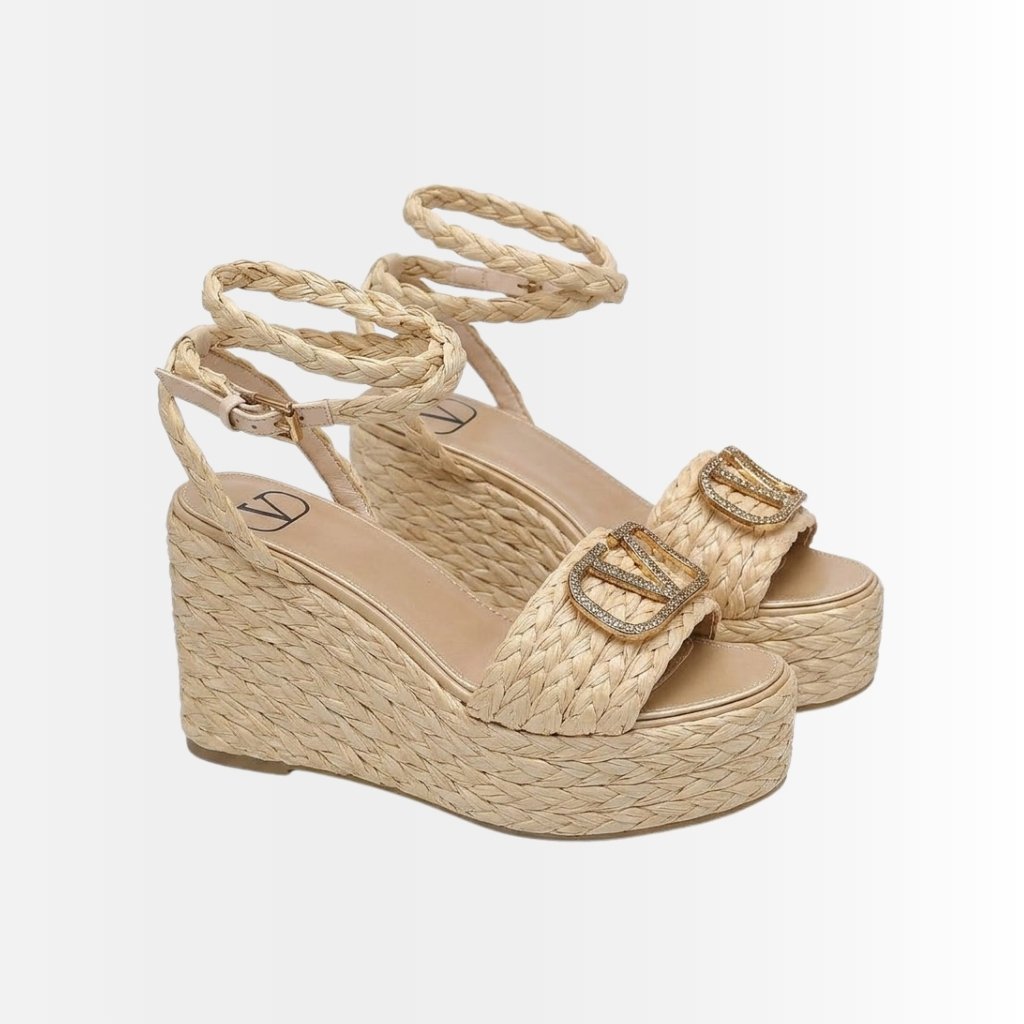 Valentino Garavani Vlogo Raffia Platform Wedge Sandals Natural