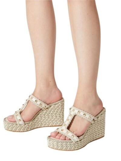 Valentino Rockstud Laminated Nappa Wedge Sandal Natural 4W2S0GI5DYM YBS
